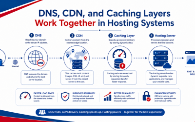 How do DNS, CDN, and Caching Layers Work Together in Hosting Systems?